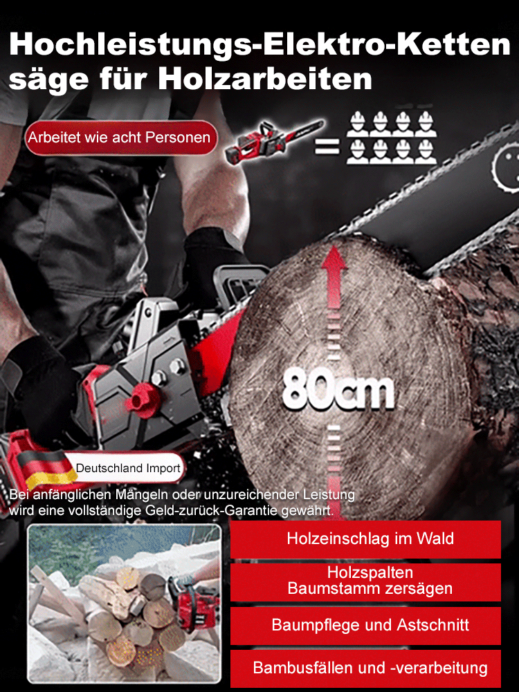 Durchtrennt 80-cm-Baumstämme in 3 Sekunden! Hochleistungs-Elektro-Kettensäge für Holzarbeiten