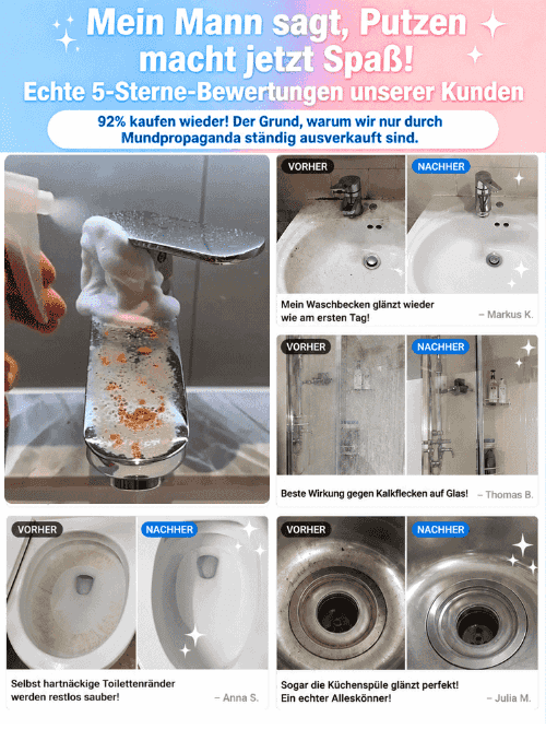 In 10 Sekunden strahlend sauber – Ganz ohne Schrubben! Multifunktionaler Badezimmer-Kalkreiniger-Spray
