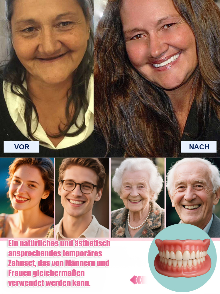 Natürlicher als echte Zähne! 1-Sekunden-Anpassung, 48 Stunden lang sicherer Halt. Der gebiß-dekorationsanzug passt sich bequem an