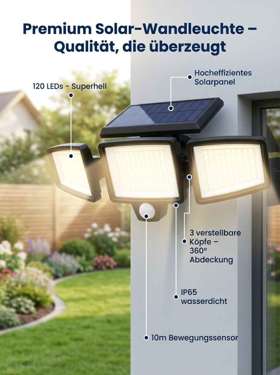 100% Kabellos & Kostenfrei: Sparen Sie sich jeden Cent Stromkosten! Solar-Wandleuchte für den Hof