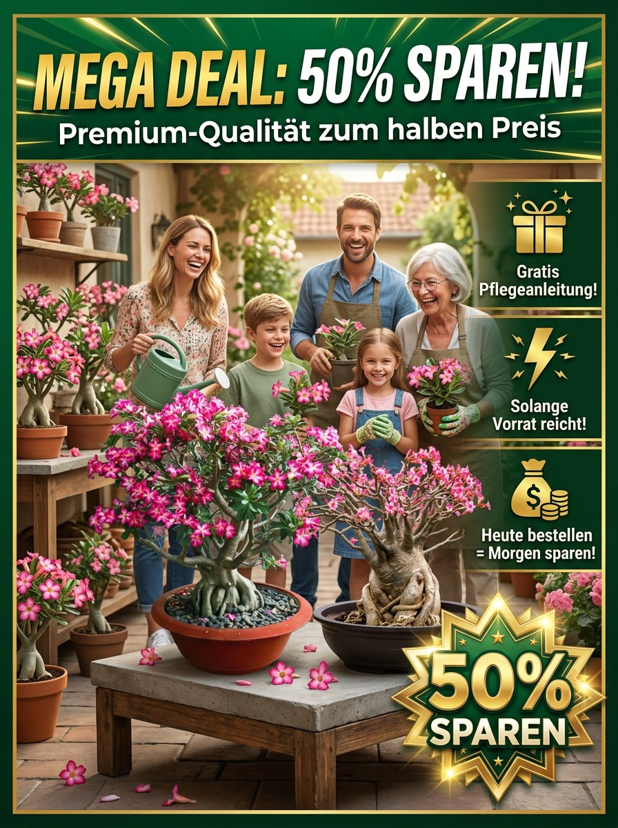 【25 Tage bis zur Blüte】Wüstenrose Knolle mit Trieb 🌺 | -20°C bis 40°C Extrem Robust | 300 Tage Dauerblüher | 100 Jahre Lebensdauer | Mit 100% Anwachsgarantie