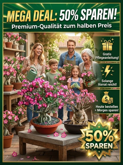 【25 Tage bis zur Blüte】Wüstenrose Knolle mit Trieb 🌺 | -20°C bis 40°C Extrem Robust | 300 Tage Dauerblüher | 100 Jahre Lebensdauer | Mit 100% Anwachsgarantie