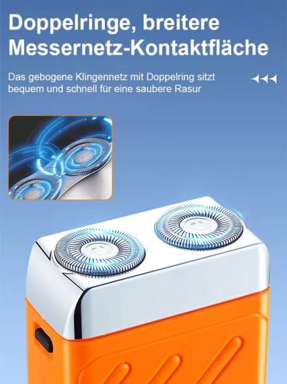 Tragbarer elektrischer Rasierer mit Doppelkopf. Der um 360° drehbare Kopf hinterlässt keine Stoppeln. Eine Ladung reicht für 30 Tage!