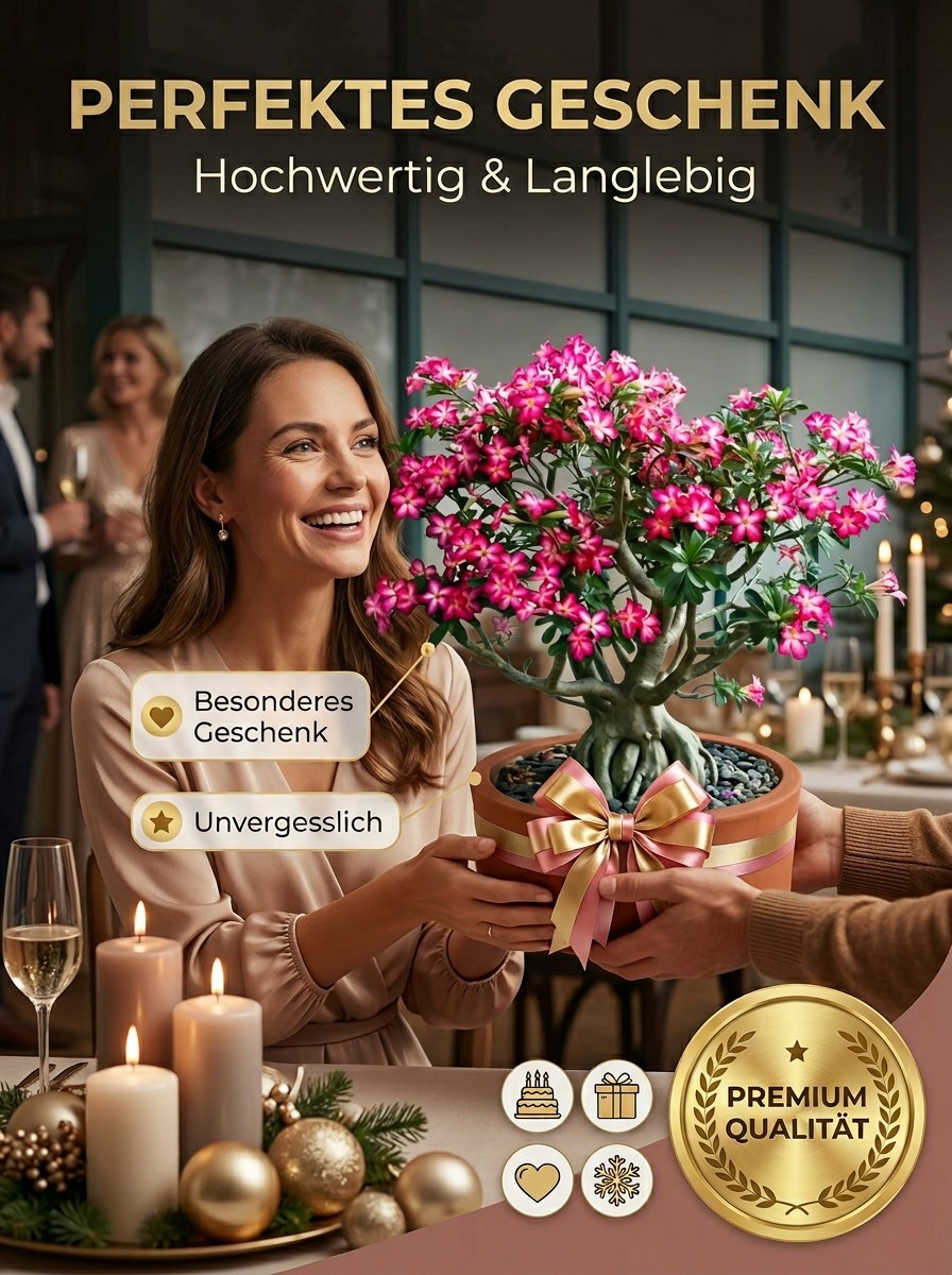 【25 Tage bis zur Blüte】Wüstenrose Knolle mit Trieb 🌺 | -20°C bis 40°C Extrem Robust | 300 Tage Dauerblüher | 100 Jahre Lebensdauer | Mit 100% Anwachsgarantie
