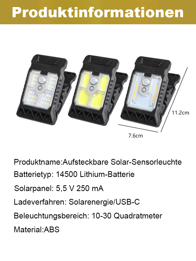 【Ganzjährig Gratis Licht】Solarbetriebene Sensor-Außenklemmlampe