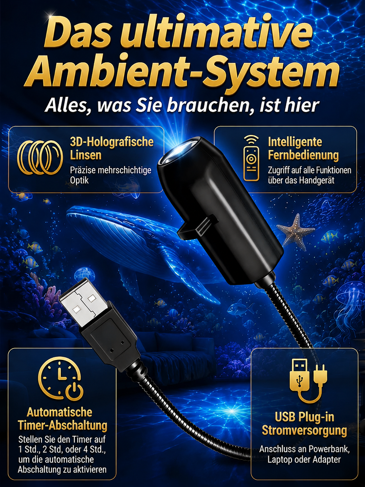 Comauo™ – Ozean & Sternenhimmelprojektor: Ultra-HD 3D-Hologrammprojektion. In nur 1 Sekunde haben Sie Ihr eigenes, täuschend echtes Aquarium!