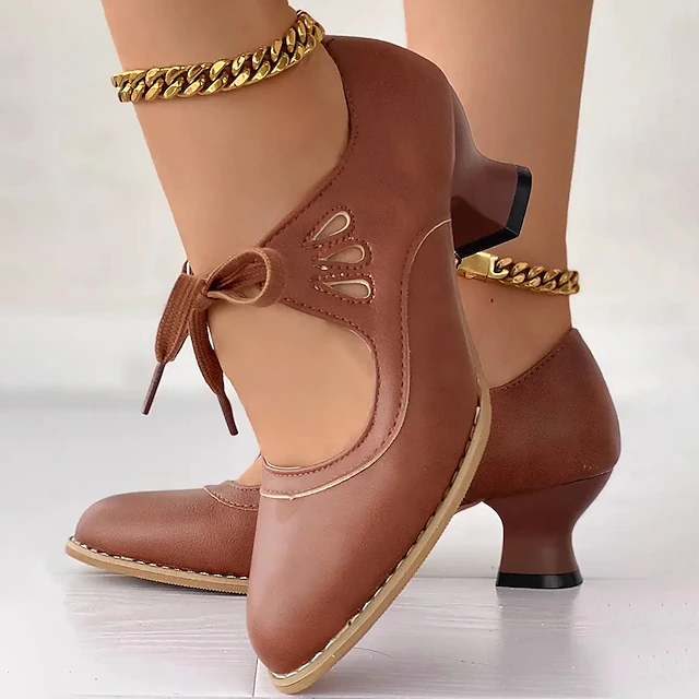 Women's Vintage Lace-Up Leather Heels