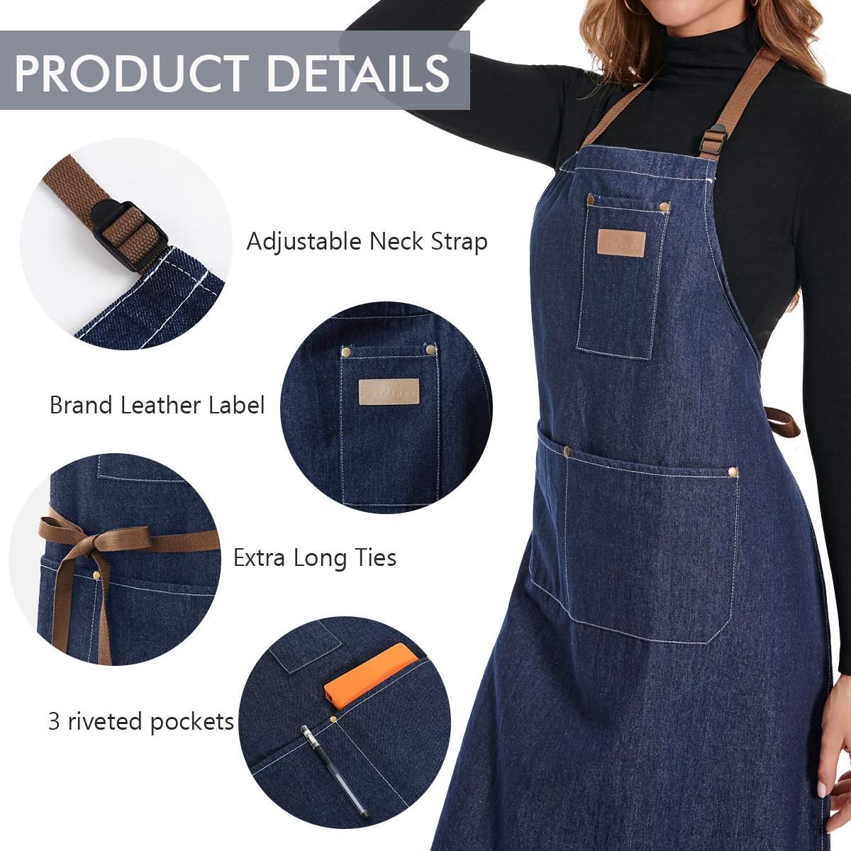Rotanet Men's and Women's Durable Denim Woodworking Kitchen Work Apron with 3 Pockets