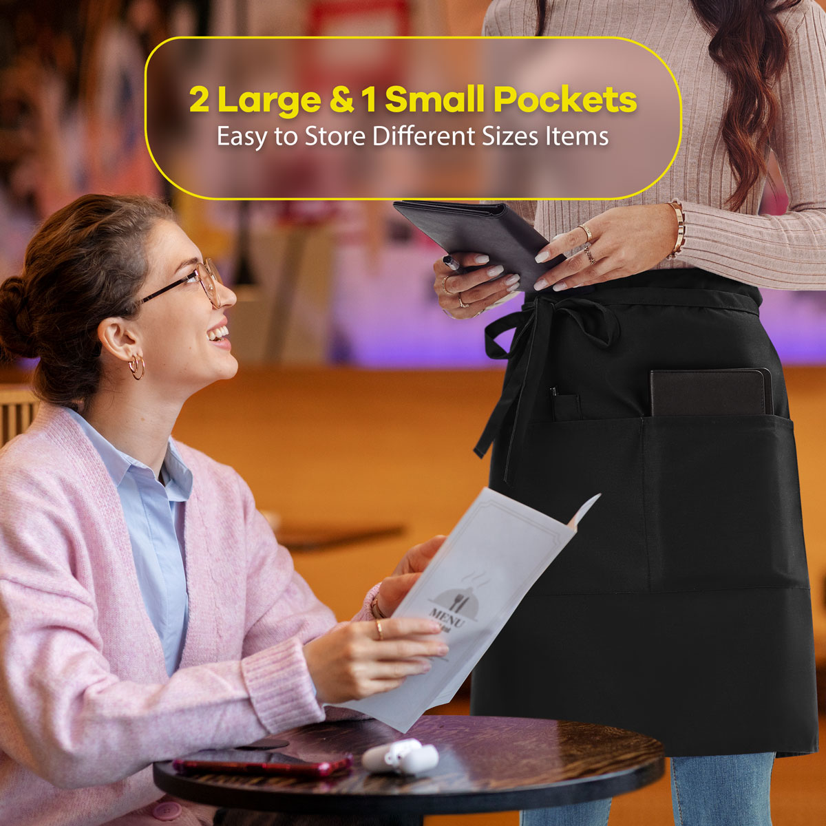 Rotanet Men's and Women's Durable Waterproof and Oil-Proof Bistro Style Waiter Half Waist Apron with 3 Utility Pockets