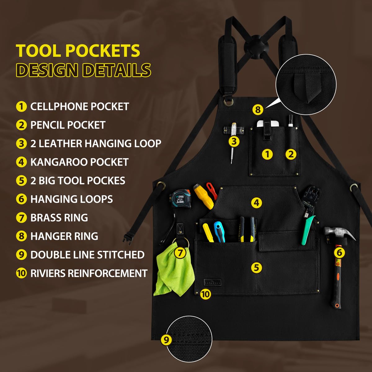 Rotanet Men's Waterproof Canvas Multi-Function Woodworking Apron with Tool Pockets