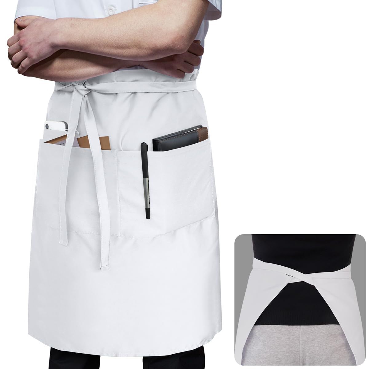 Rotanet Men's and Women's Durable Waterproof and Oil-Proof Bistro Style Waiter Half Waist Apron with 3 Utility Pockets