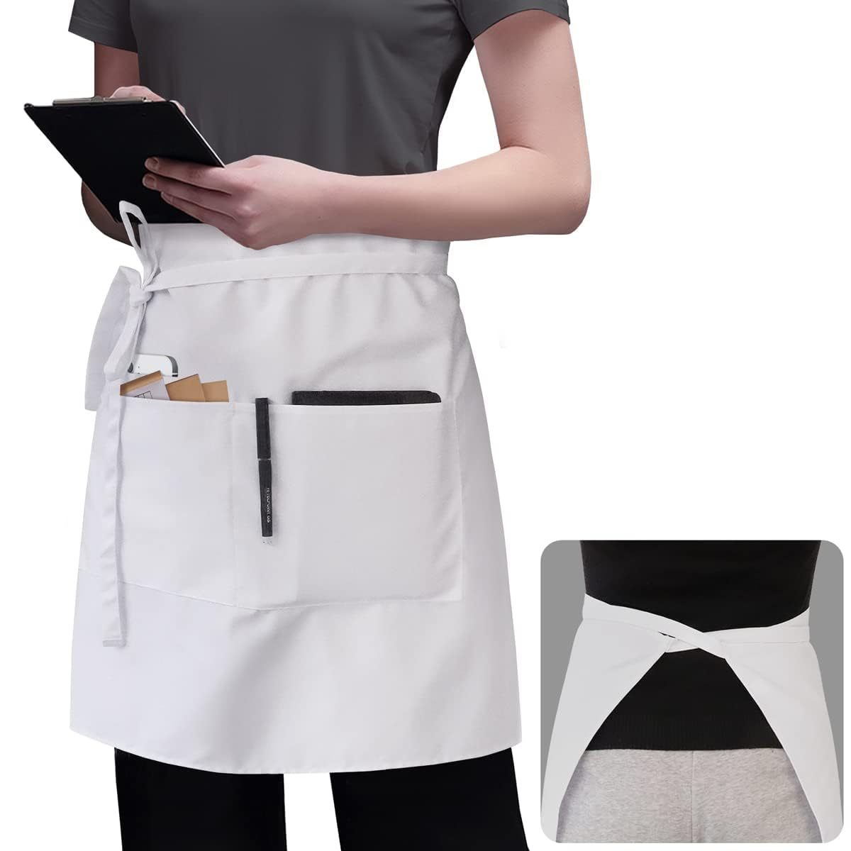 Rotanet Men's and Women's Durable Waterproof and Oil-Proof Bistro Style Waiter Half Waist Apron with 3 Utility Pockets