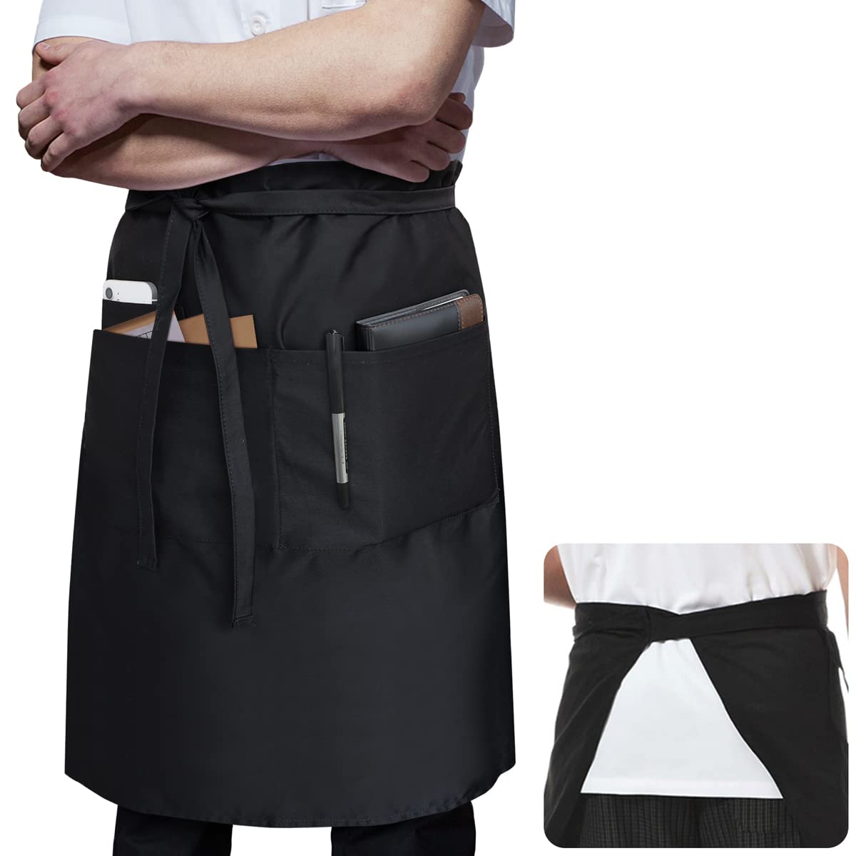 Rotanet Men's and Women's Durable Waterproof and Oil-Proof Bistro Style Waiter Half Waist Apron with 3 Utility Pockets