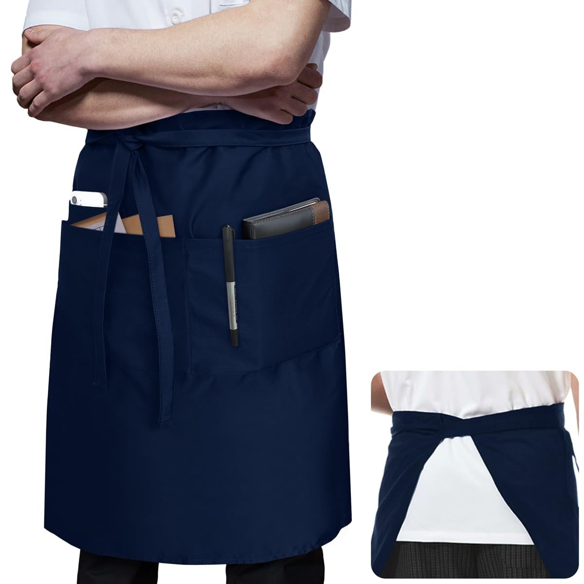 Rotanet Men's and Women's Durable Waterproof and Oil-Proof Bistro Style Waiter Half Waist Apron with 3 Utility Pockets