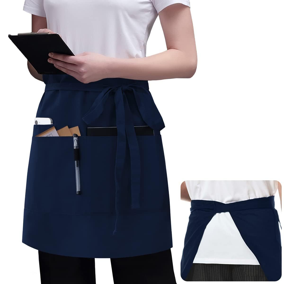 Rotanet Men's and Women's Durable Waterproof and Oil-Proof Bistro Style Waiter Half Waist Apron with 3 Utility Pockets