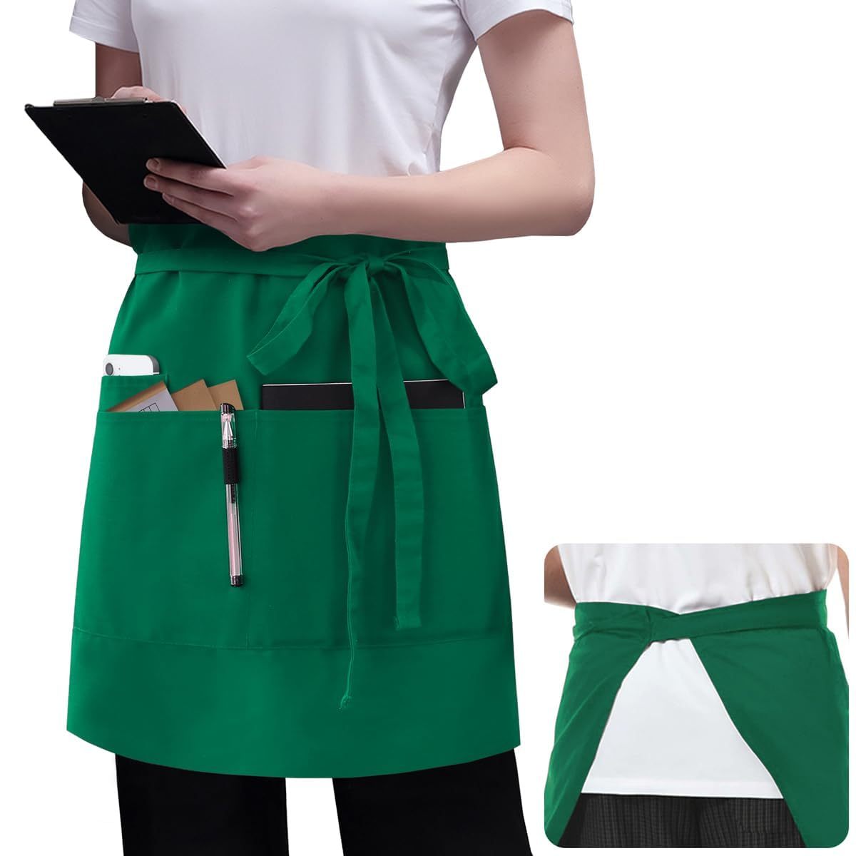 Rotanet Men's and Women's Durable Waterproof and Oil-Proof Bistro Style Waiter Half Waist Apron with 3 Utility Pockets
