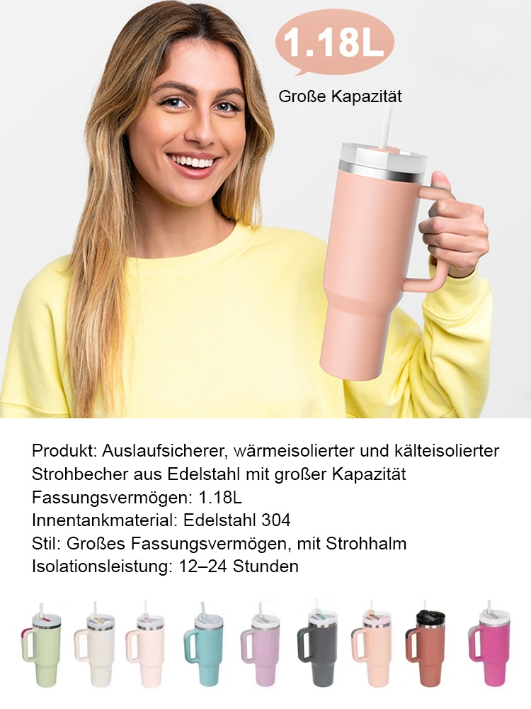 Große, auslaufsichere Vakuum-Edelstahl-Isolier-Strohhalm-Tasse.