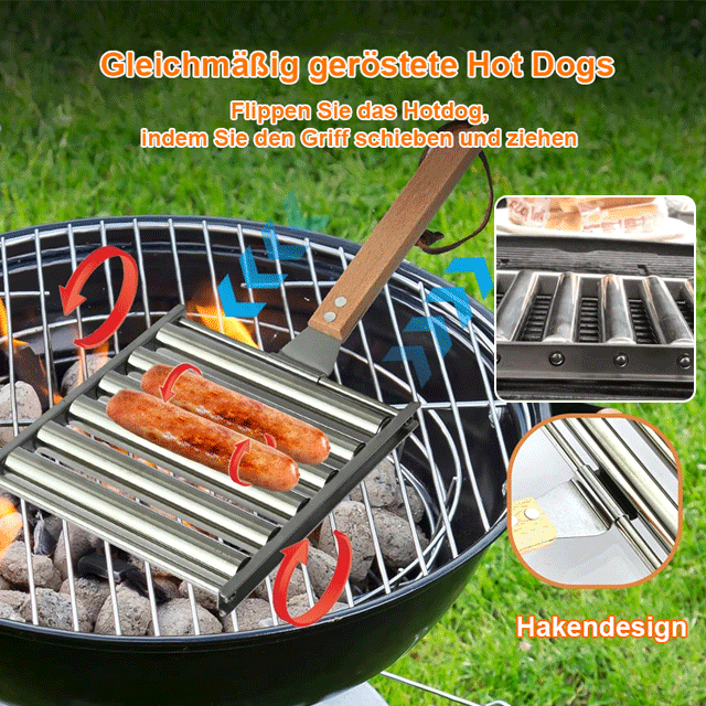 Edelstahlrollender Hot Dog Grill mit abnehmbarem Holzgriff