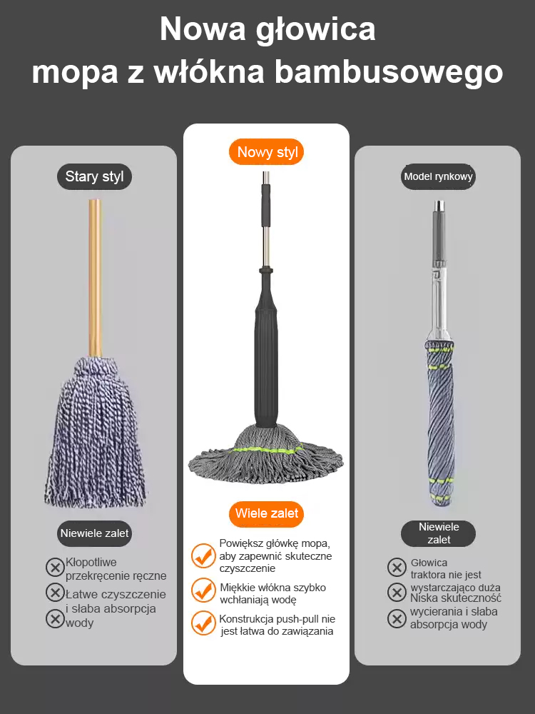 【Wolne ręce】Mop z włókna bambusowego bez potrzeby mycia, usuwający olej i brud, z funkcją samodzieln