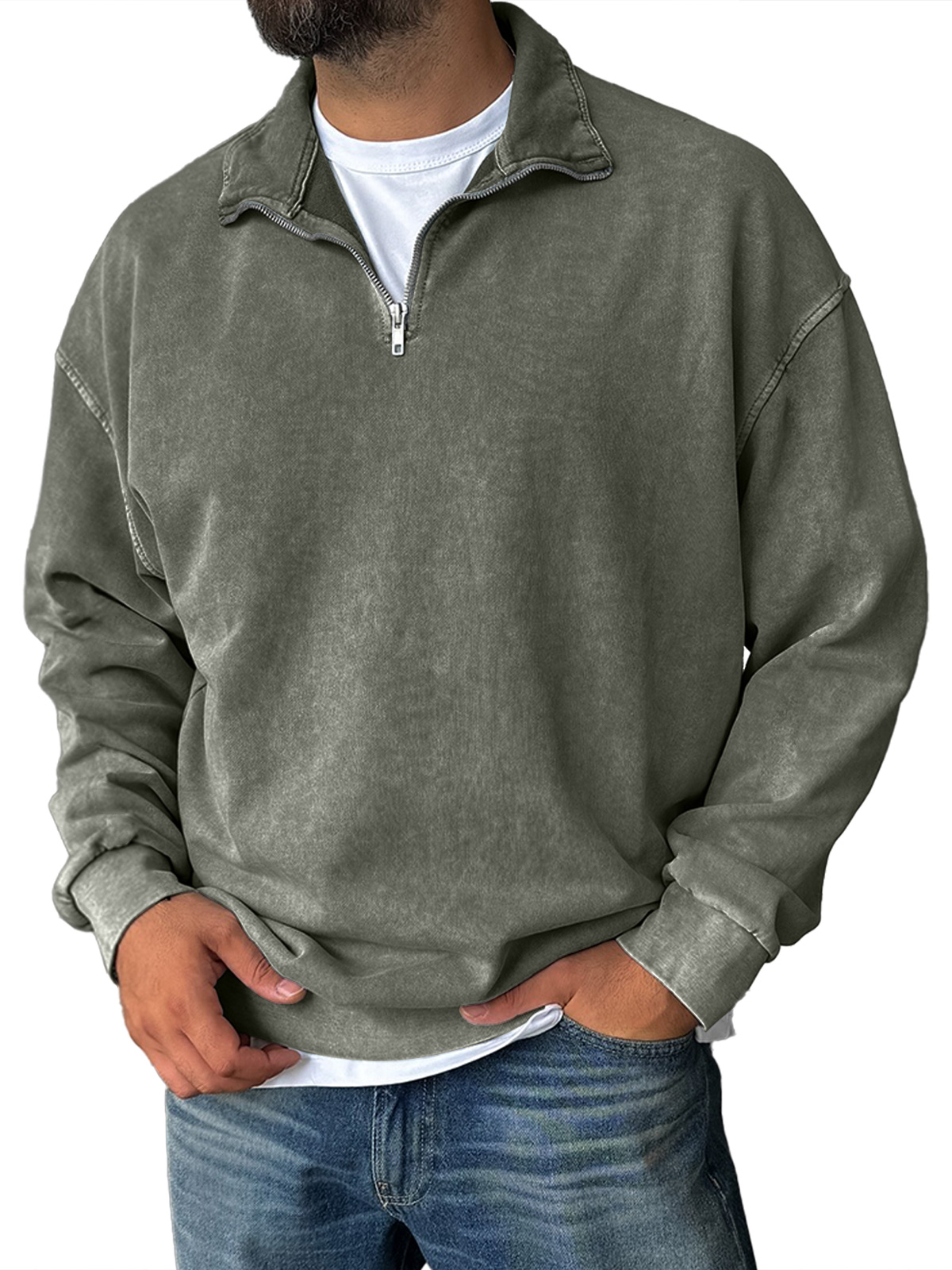 Men's Fashionable Retro Half-zip Stand Collar Casual Sweatshirt