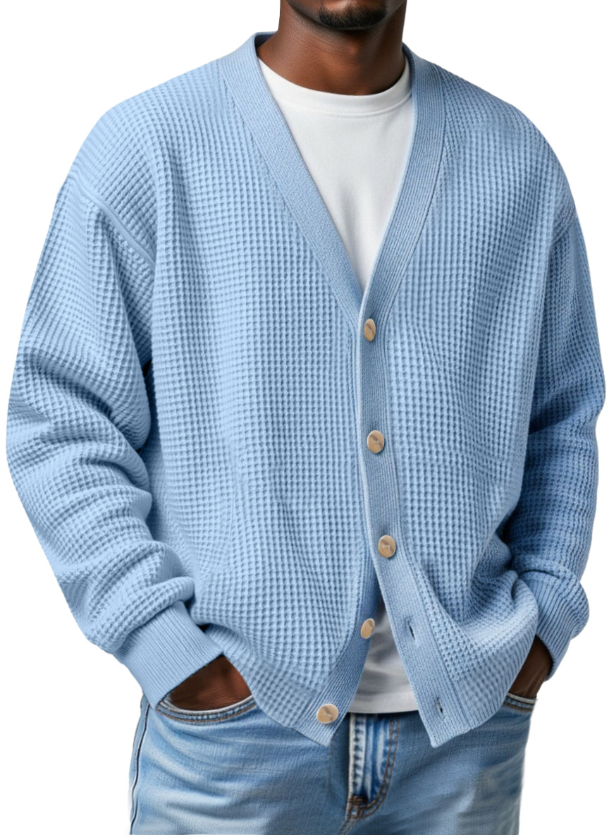 Men's Casual Loose Waffle V-neck Button-down Cardigan