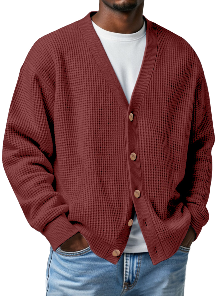 Men's Casual Loose Waffle V-neck Button-down Cardigan