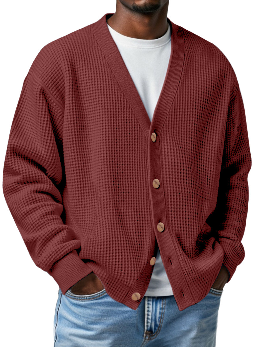 Men's Casual Loose Waffle V-neck Button-down Cardigan