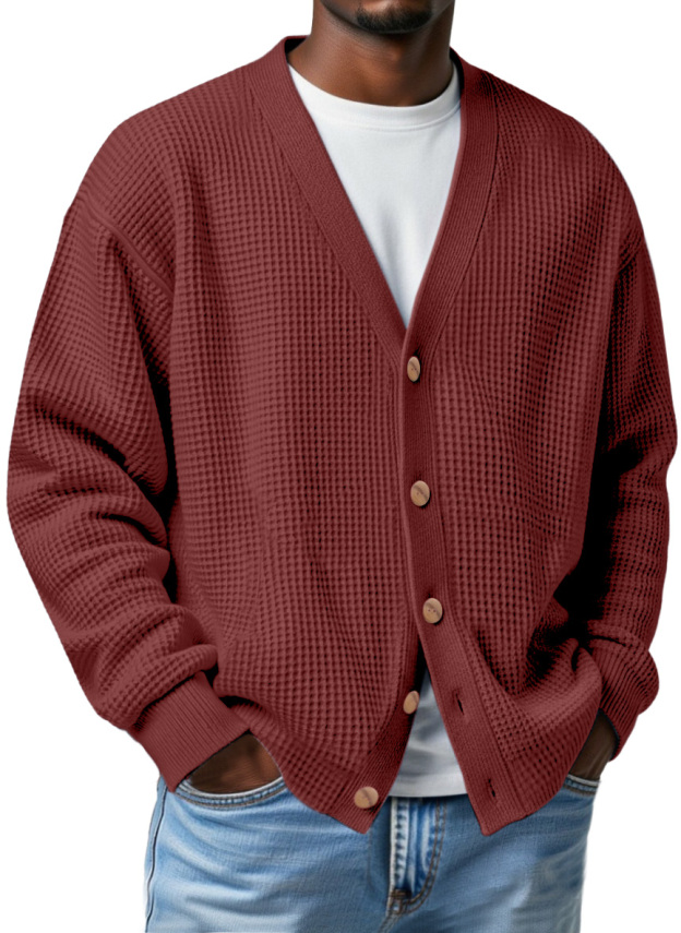 Men's Casual Loose Waffle V-neck Button-down Cardigan