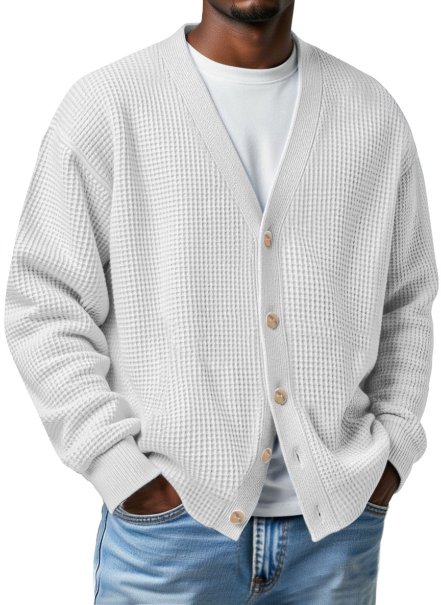 Men's Casual Loose Waffle V-neck Button-down Cardigan