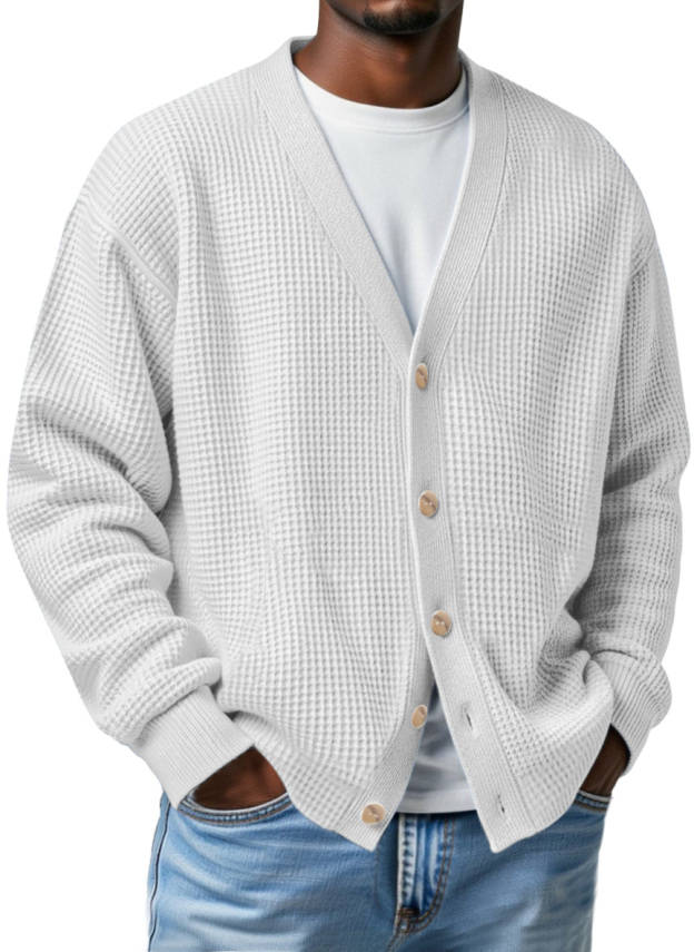 Men's Casual Loose Waffle V-neck Button-down Cardigan