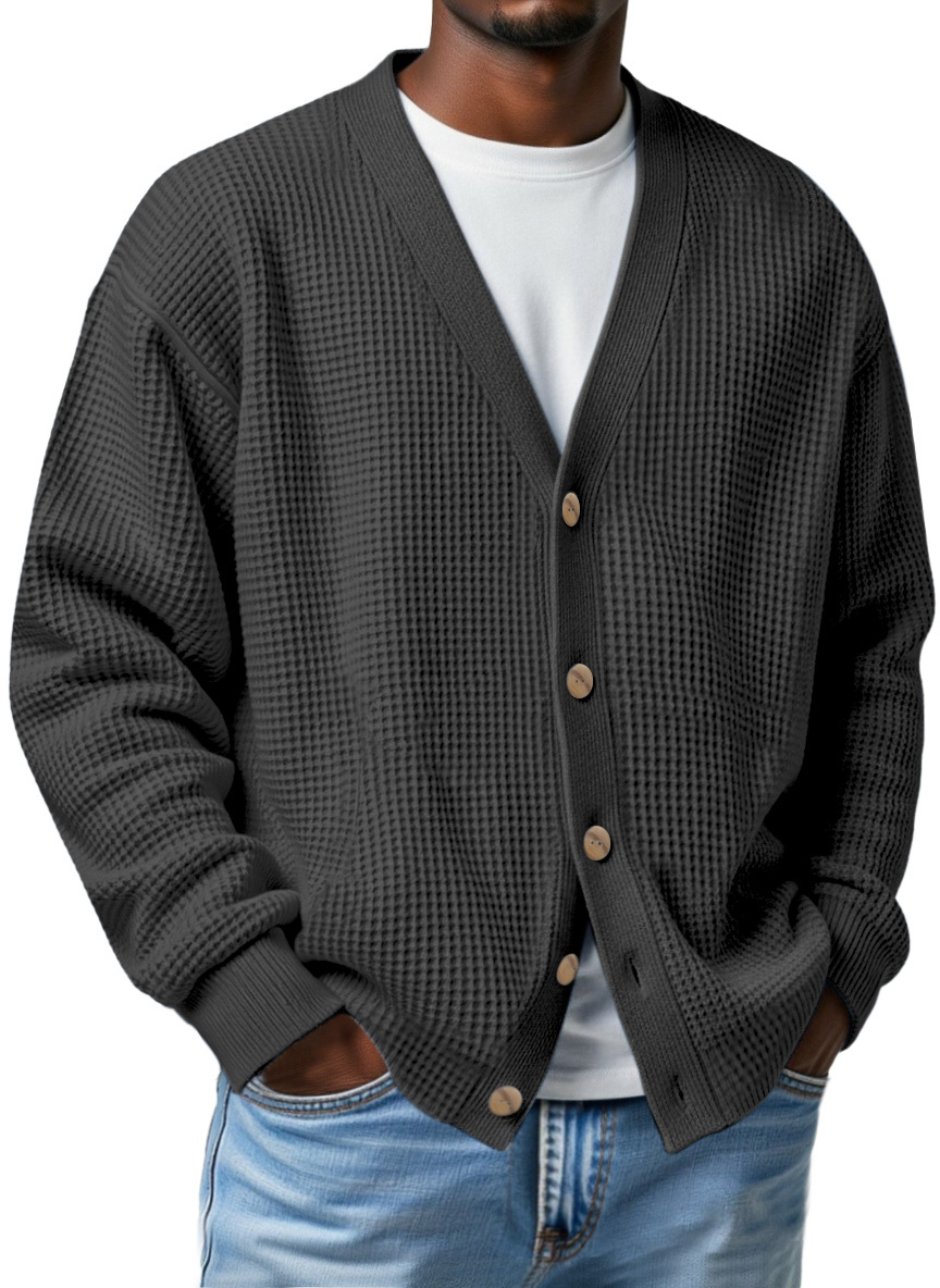 Men's Casual Loose Waffle V-neck Button-down Cardigan