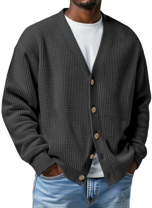 Men's Casual Loose Waffle V-neck Button-down Cardigan