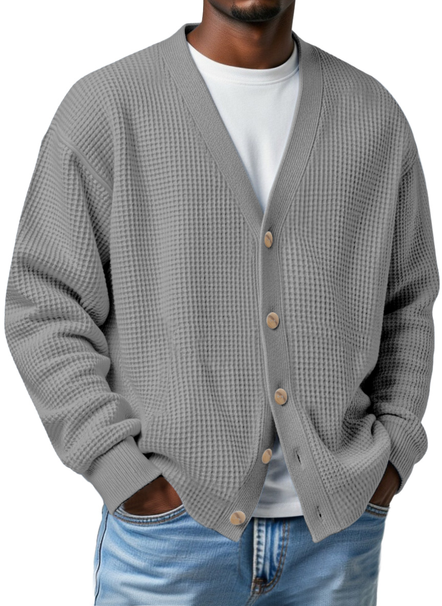 Men's Casual Loose Waffle V-neck Button-down Cardigan