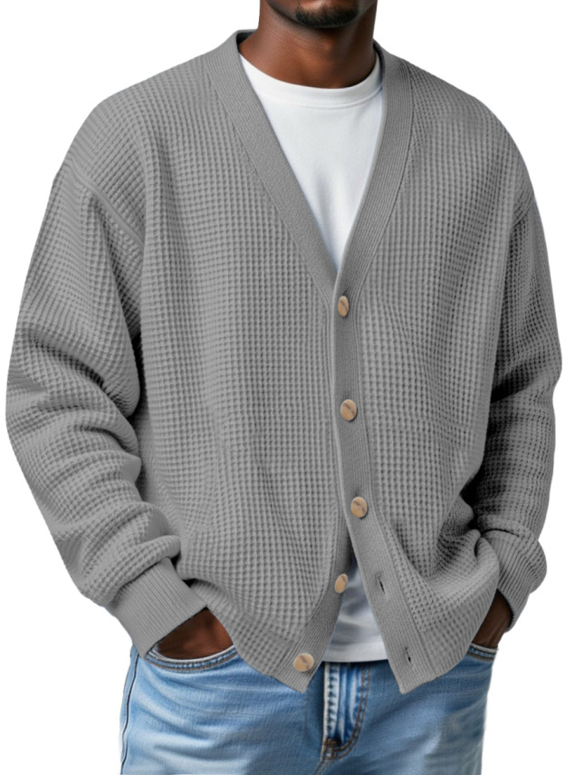 Men's Casual Loose Waffle V-neck Button-down Cardigan