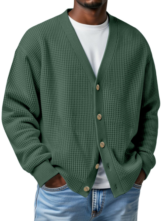 Men's Casual Loose Waffle V-neck Button-down Cardigan