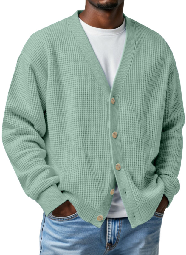 Men's Casual Loose Waffle V-neck Button-down Cardigan