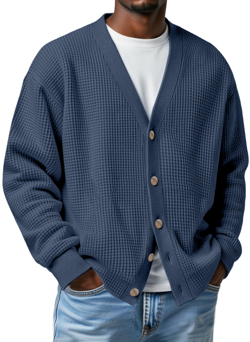 Men's Casual Loose Waffle V-neck Button-down Cardigan