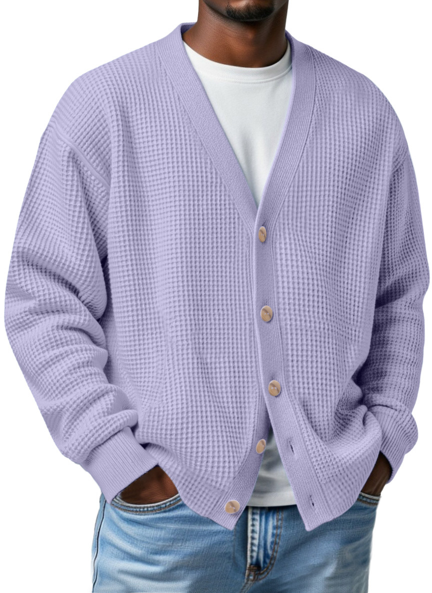 Men's Casual Loose Waffle V-neck Button-down Cardigan