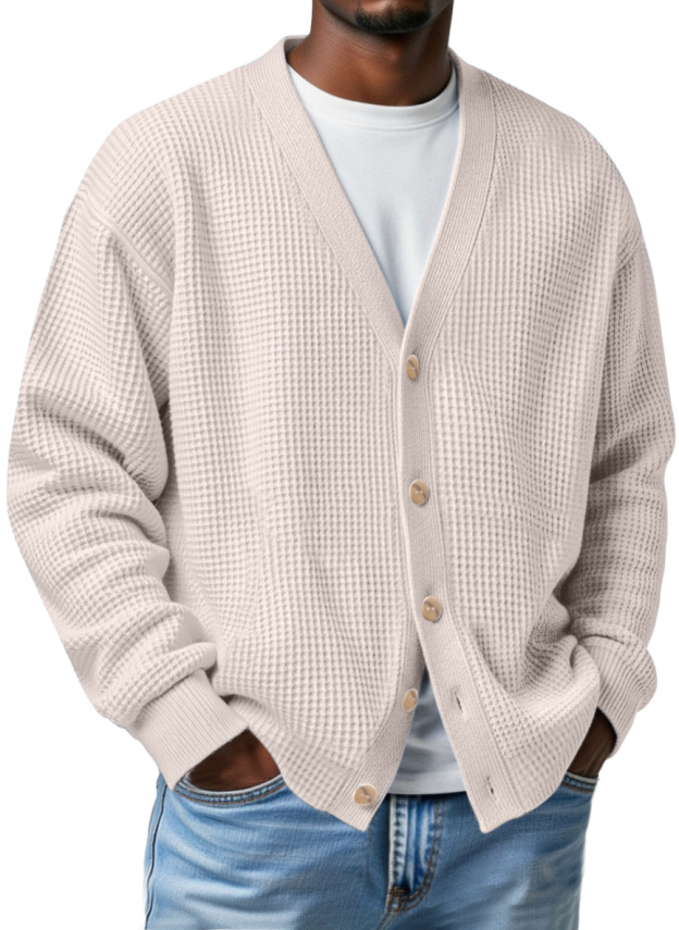 Men's Casual Loose Waffle V-neck Button-down Cardigan