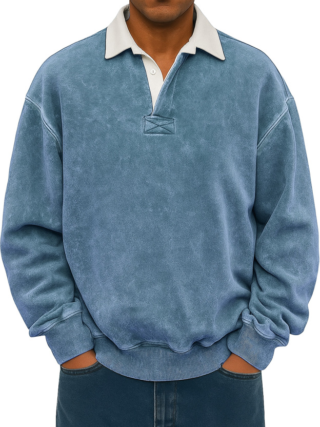 Men's Retro Lapel Button Colorblock Casual Distressed Sweatshirt