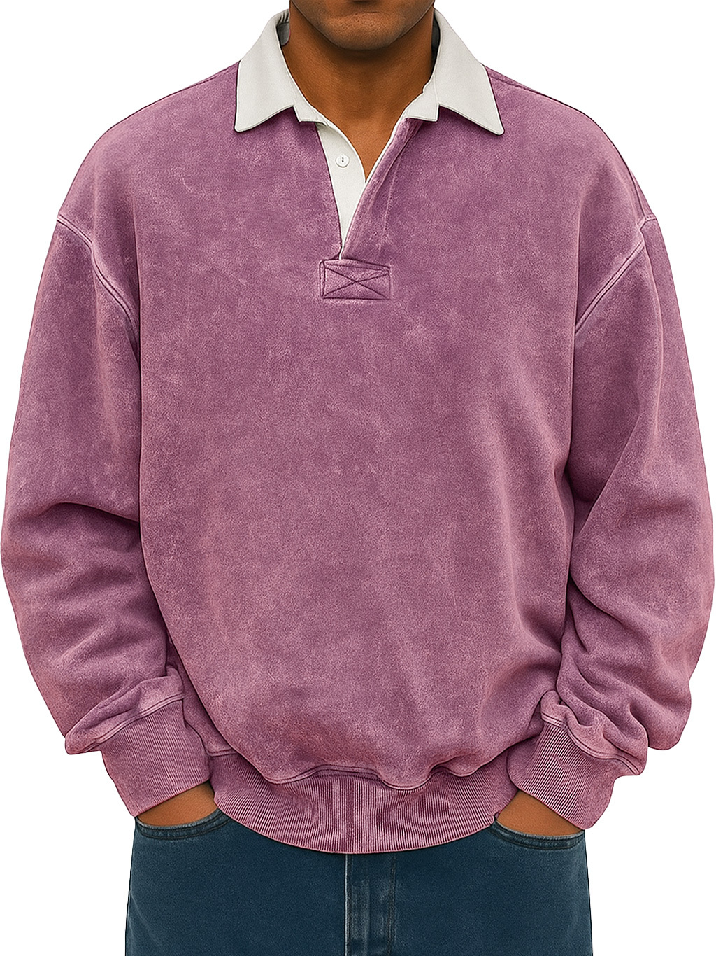 Men's Retro Lapel Button Colorblock Casual Distressed Sweatshirt