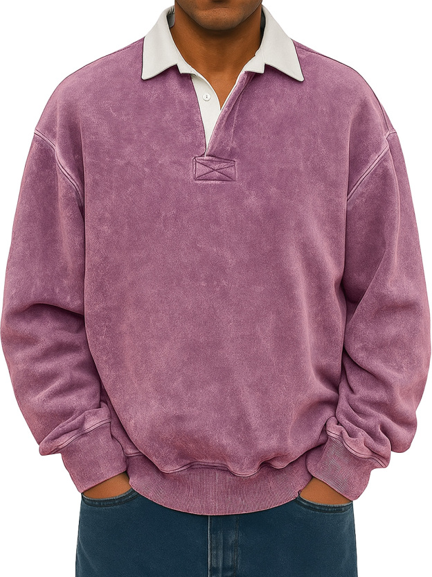 Men's Retro Lapel Button Colorblock Casual Distressed Sweatshirt