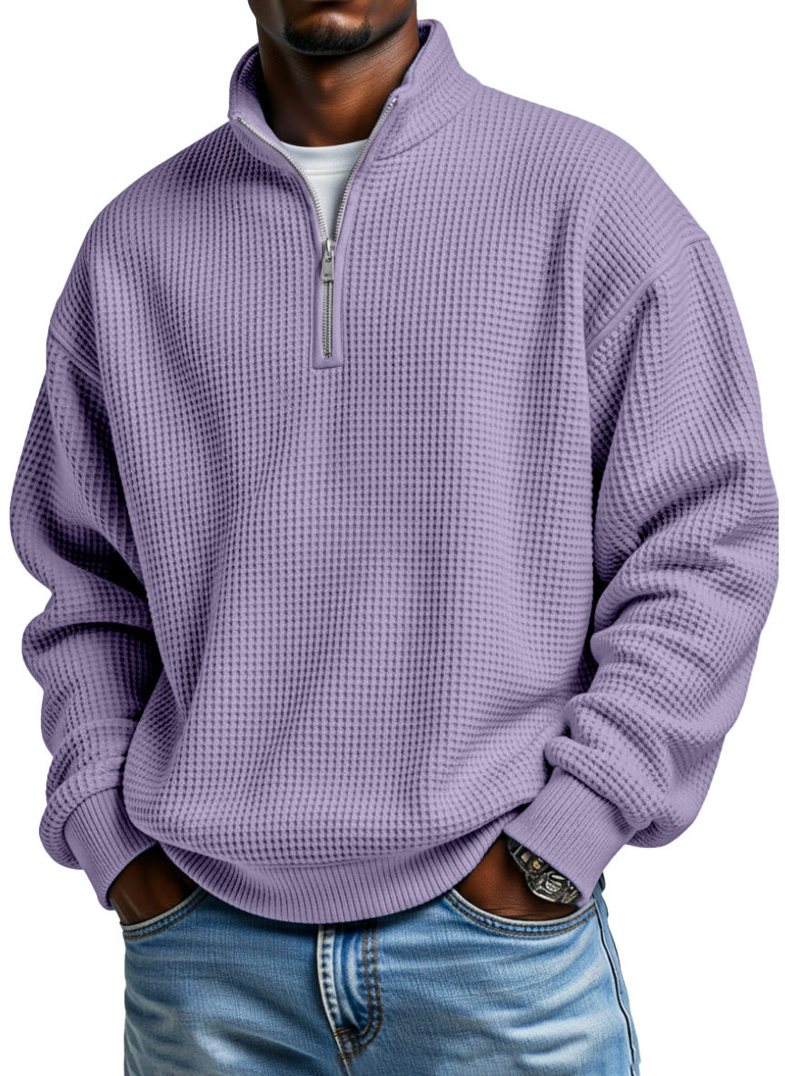 Men's Daily Loose And Simple Waffle Half-zip Stand Collar Long-sleeved Polo Shirt