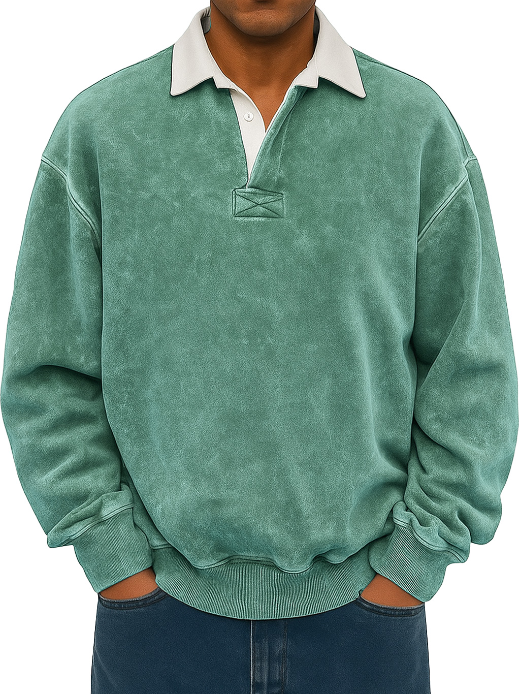 Men's Retro Lapel Button Colorblock Casual Distressed Sweatshirt