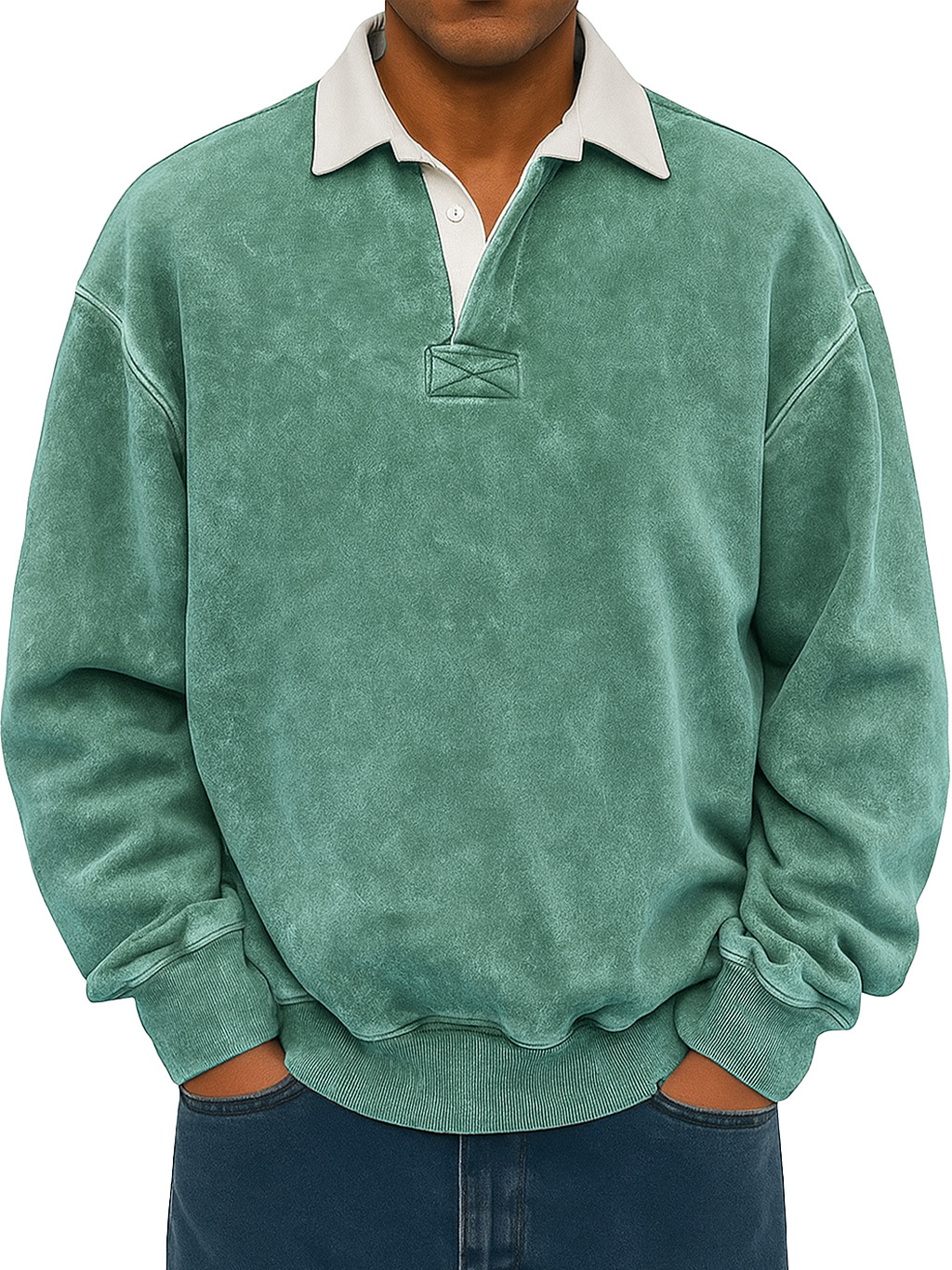 Men's Retro Lapel Button Colorblock Casual Distressed Sweatshirt