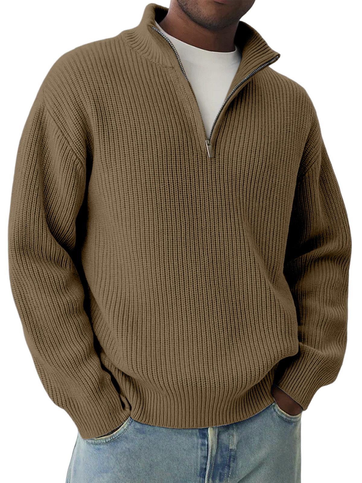 Daily Casual Solid Color Knitted Half-Zip Pullover Sweater
