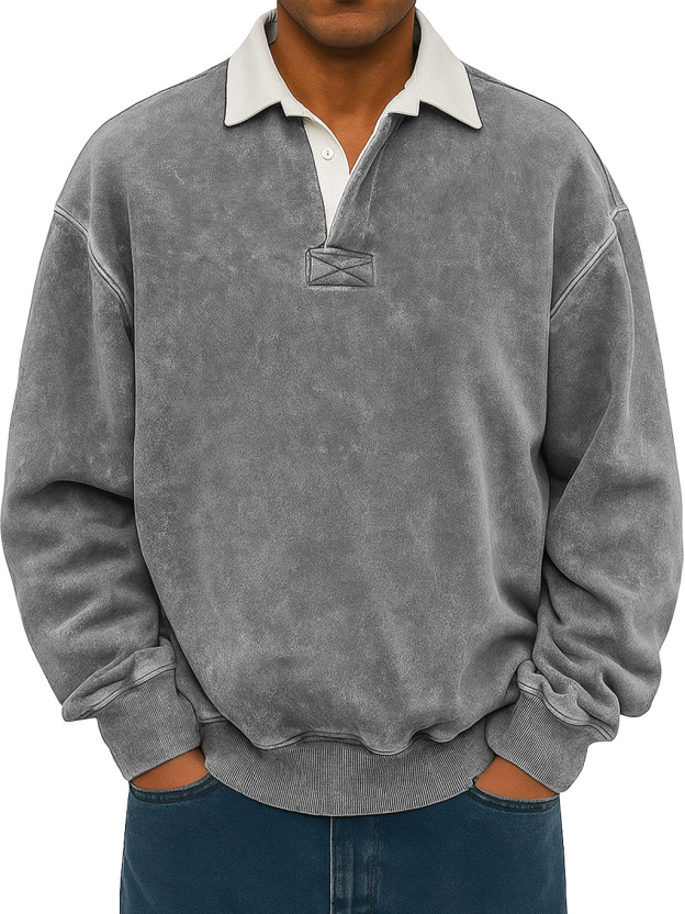 Men's Retro Lapel Button Colorblock Casual Distressed Sweatshirt