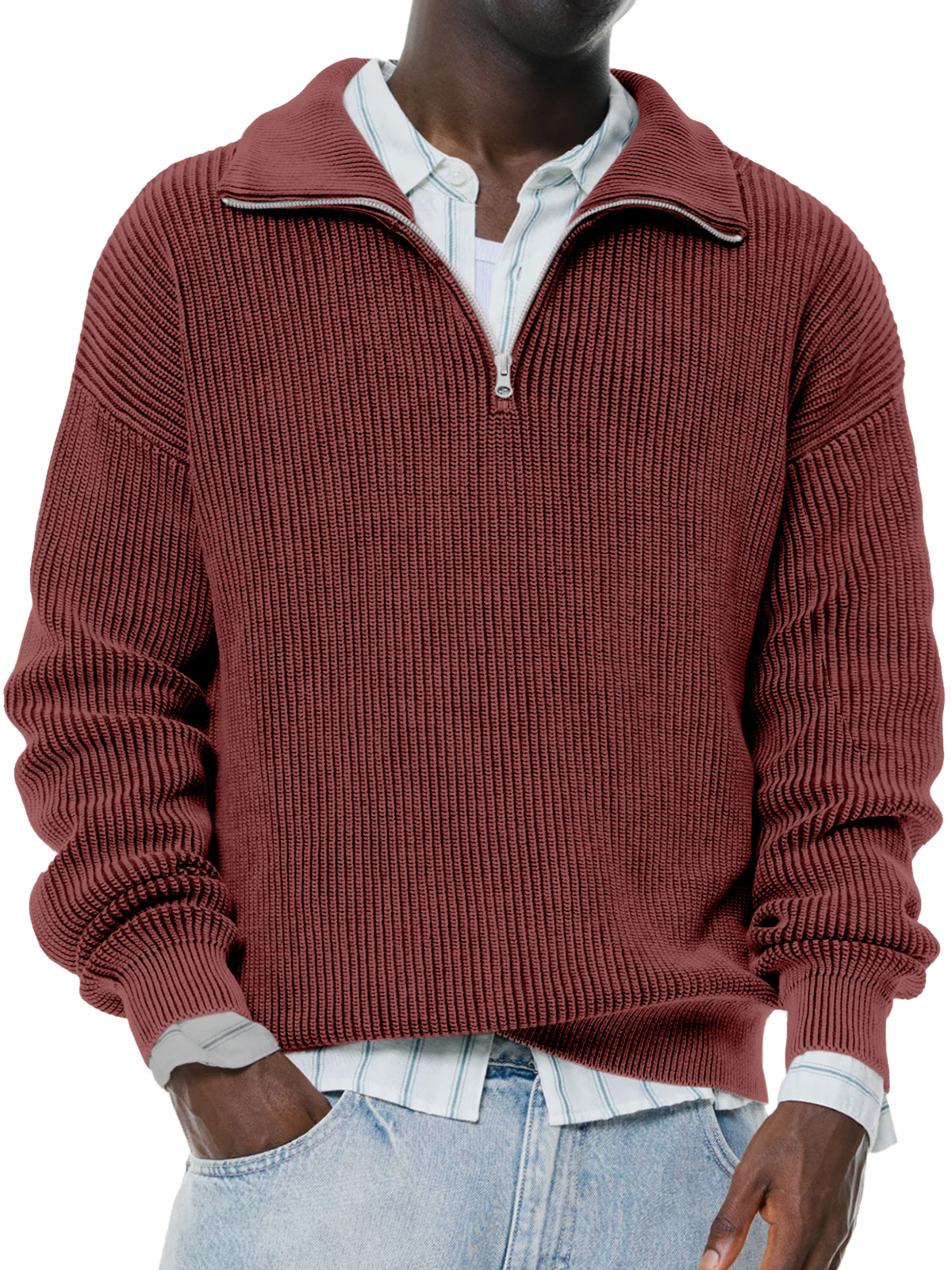 Men's Daily Casual Solid Color Knitted Stand Collar Zipper Pullover Sweater