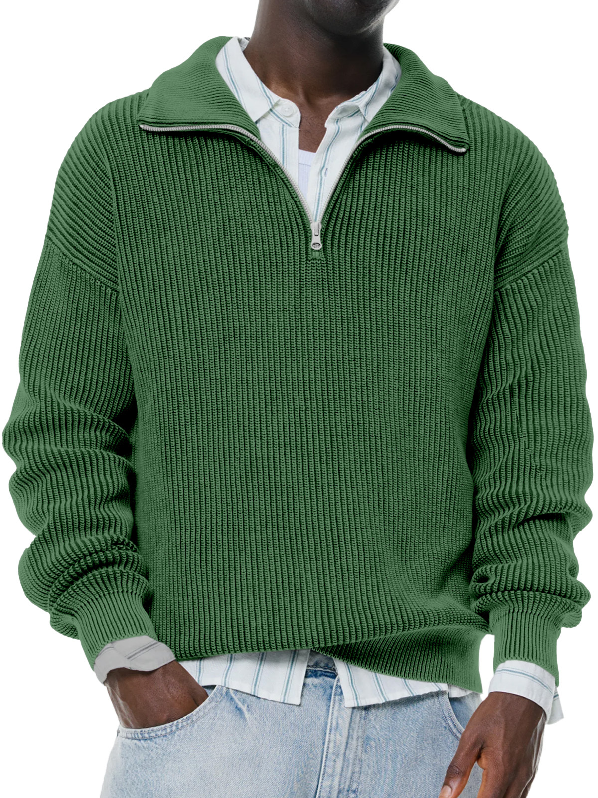 Men's Daily Casual Solid Color Knitted Stand Collar Zipper Pullover Sweater