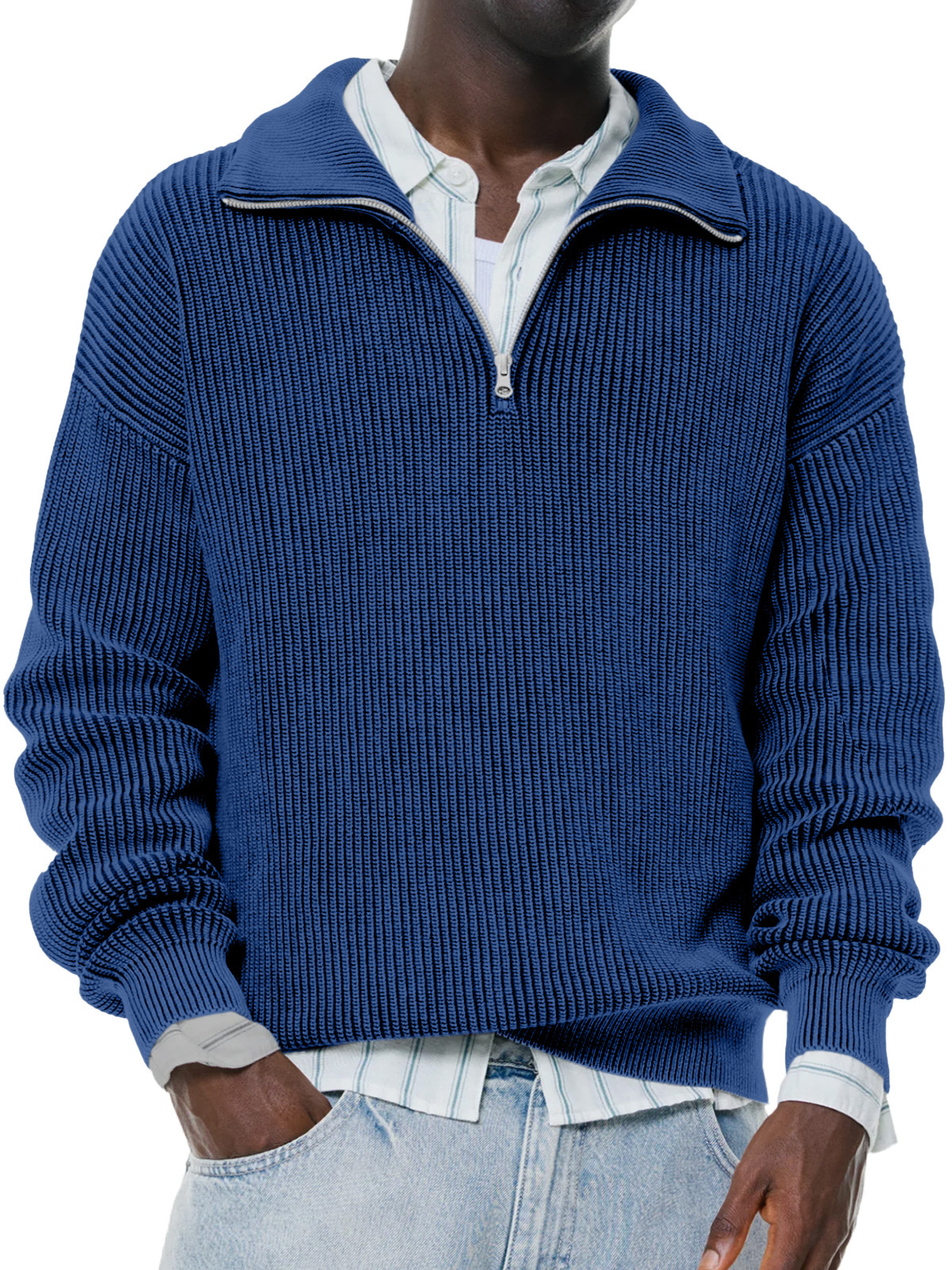 Men's Daily Casual Solid Color Knitted Stand Collar Zipper Pullover Sweater